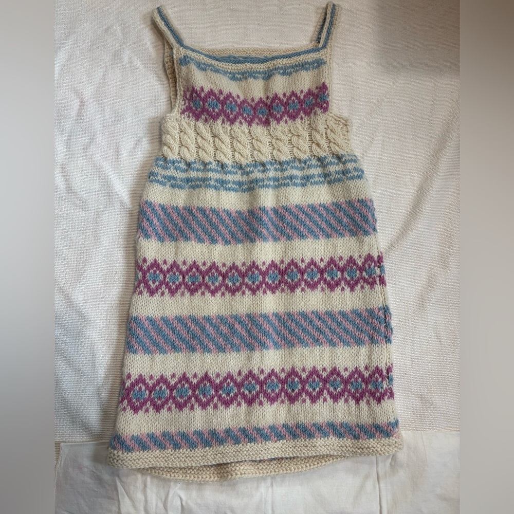 Cream Fair Isle Knit Mini Dress with Pink & Blue Pattern